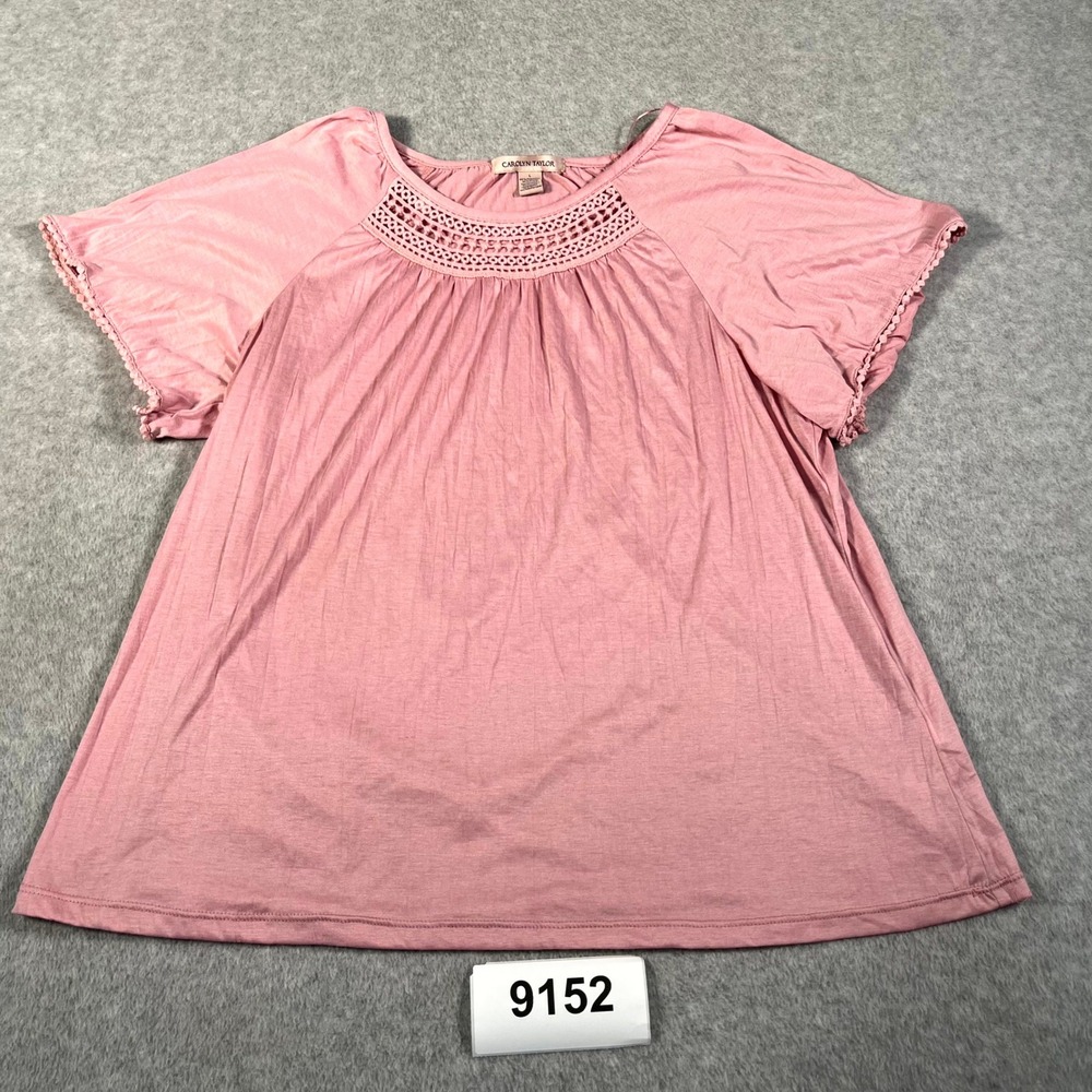 Carolyn Taylor Blouse Top Womens Large Pink Lace Detail Round Neck Raglan Sleeve